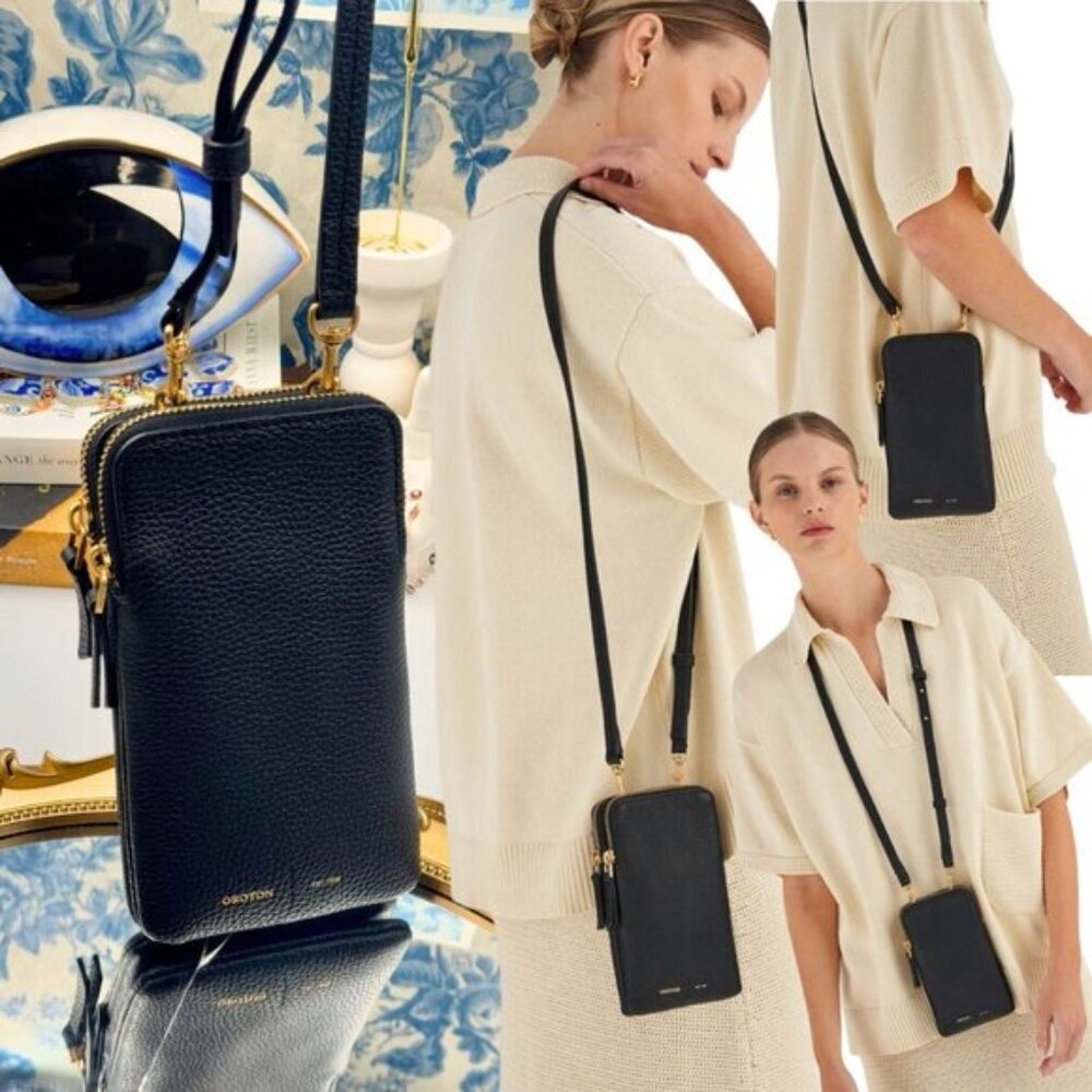 🆕 OROTON 🧿 NWOT Lilly Phone Crossbody, Black Leather, Adjustable Strap